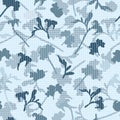 Striped and checkered flower silhouettes on light blue texture background.