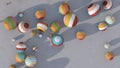 Striped colorful balls rolling. Concrete floor. Abstract illustration 3d render