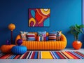 Striped colorful sofa in room with geometric shapes decorative pieces. Postmodern interior design of modern living room