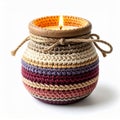 Striped Crochet Candle Holder with Burning Flame Isolated on White Background Royalty Free Stock Photo