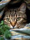 Striped domestic cat hiding under blanket. Active kitten hunting time