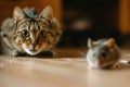 Striped domestic cat hunting to mouse on floor, portrait of young kitty before pounce, face of cute pet playing at home. Concept Royalty Free Stock Photo