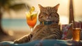 Striped domestic cat sitting next to a glass of a cocktail at the beach, AI-generated.