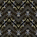Striped embroidery gold silver black seamless pattern. Floral ba