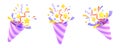 Striped firecracker with flying confetti front and angle view. Cartoon 3d render set of party popper with purple ribbon