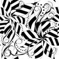 Striped floral black and white seamless pattern. Ornamental abstract vector background. Hand drawn line art striped flowers, Royalty Free Stock Photo