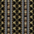 Striped floral seamless border pattern. Black vector geometric b