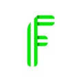 Striped font, modern trendy alphabet, letter F folded from green paper tape