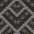 Striped geometric meander embroidery seamless pattern. Grunge 3d greek key. Vintage baroque damask tapestry ornaments. Modern Royalty Free Stock Photo