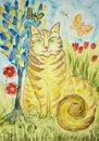 Striped ginger folk art cat with tree of life.