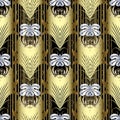 Striped gold Baroque 3d vector seamless pattern. Ornamental luxury floral background. Vertical stripes, lines. Golden flowers, Royalty Free Stock Photo