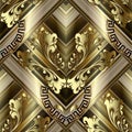 Striped gold 3d floral greek vector seamless pattern. Royalty Free Stock Photo