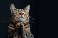 Striped gray cat with closed eyes and folded paws in front of him. Royalty Free Stock Photo