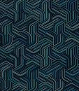 Striped hexagons with interlocking thin blue lines on a black background. Abstract geometric pattern. Modern style.