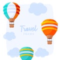 Striped hot air balloon travel frame with clouds and a blue sky the the background. Vector illustration Icon, poster, greeting Royalty Free Stock Photo