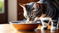 A striped hungry cat stands next to a bowl of food on the table in the kitchen and sniffs Royalty Free Stock Photo