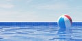 Striped inflatable toy game beach ball floating on the water in blue pool on sky background, summer vacation or beach symbol Royalty Free Stock Photo