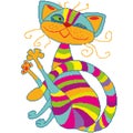 Striped, iridescent, colorful cat with a twirled mustache, painted with squares, pixels on a white background. Vector illustration