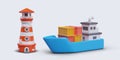 Striped lighthouse, blue barge with containers. 3D illustrations in cartoon style