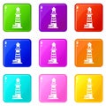 Striped lighthouse icons set 9 color collection