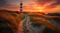 Striped lighthouse on sand dunes in evening sunlight