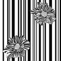 Striped, monochrome, black and white seamless pattern with flowers.