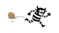 Striped monster comically chasing a rolling cookie, vector design Generative AI Royalty Free Stock Photo