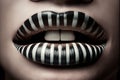 Striped Mouth lip gloss scratch streaking feature line black white design purified make-up art abstract song sing speaking colours