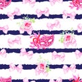 Striped navy seamless vector print with pink satin bows, rose fl Royalty Free Stock Photo