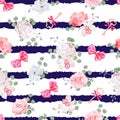 Striped navy seamless vector print with red satin bows and flowers