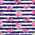 Striped navy seamless vector print with satin bows and rose flow