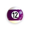 Striped Purple Glossy Pool Billiard Ball Number Twelve 12 Isolated on White Background.