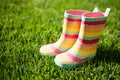 Striped rain boots on grass Royalty Free Stock Photo