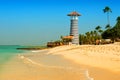 Striped red white lighthouse on the coast of the Caribbean Sea. Dominican Republic. Royalty Free Stock Photo