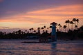 Striped red white lighthouse on the coast of the Caribbean Sea. Dominican Republic. Royalty Free Stock Photo