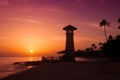 Striped red white lighthouse on the coast of the Caribbean Sea. Dominican Republic. Royalty Free Stock Photo