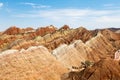 Striped rock formations in Danxia Feng, or Colored Rainbow Mountains, in Zhangye, Gansu