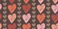 Striped Romantic Seamless Pattern of Hand-Drawn Pink, Burgundy, Coral, Peach Hearts. Style of Children\'s Drawing Royalty Free Stock Photo