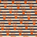 Striped seamless pattern with orange houseplants. Print for textile, wallpaper, covers, surface. Retro stylization