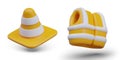 Striped signal cone, bright vest with reflective stripes. Equipment for builders, repairmen