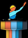 Female striped DJ silhouette and record decks on black and striped background