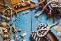 Striped slippers, phone and maritime decorations on the wooden background Royalty Free Stock Photo