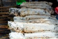 Striped snakehead fish grilled with salt. Pomegranate fish with salt and then burned for sales in the market. Thai style street f