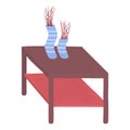 Striped socks with red squiggly lines on wooden table. Abstract concept of feet on furniture. Surreal humorous vector