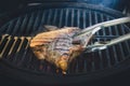 striped steak on fiery grill closeup