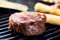 Striped steak on a grill close up