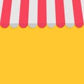 Striped store awning for shop, marketplace, cafe and restaurant. Red white canopy roof. Flat design. Yellow background. .