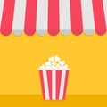 Striped store awning for shop, marketplace, cafe, restaurant. Red white canopy roof. Popcorn big box. Cinema icon.