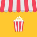 Striped store awning for shop, marketplace, cafe, restaurant. Red white canopy roof. Popcorn box. Cinema icon. Flat design. Yellow