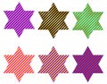 Striped stars with six points or hexagram in different colors